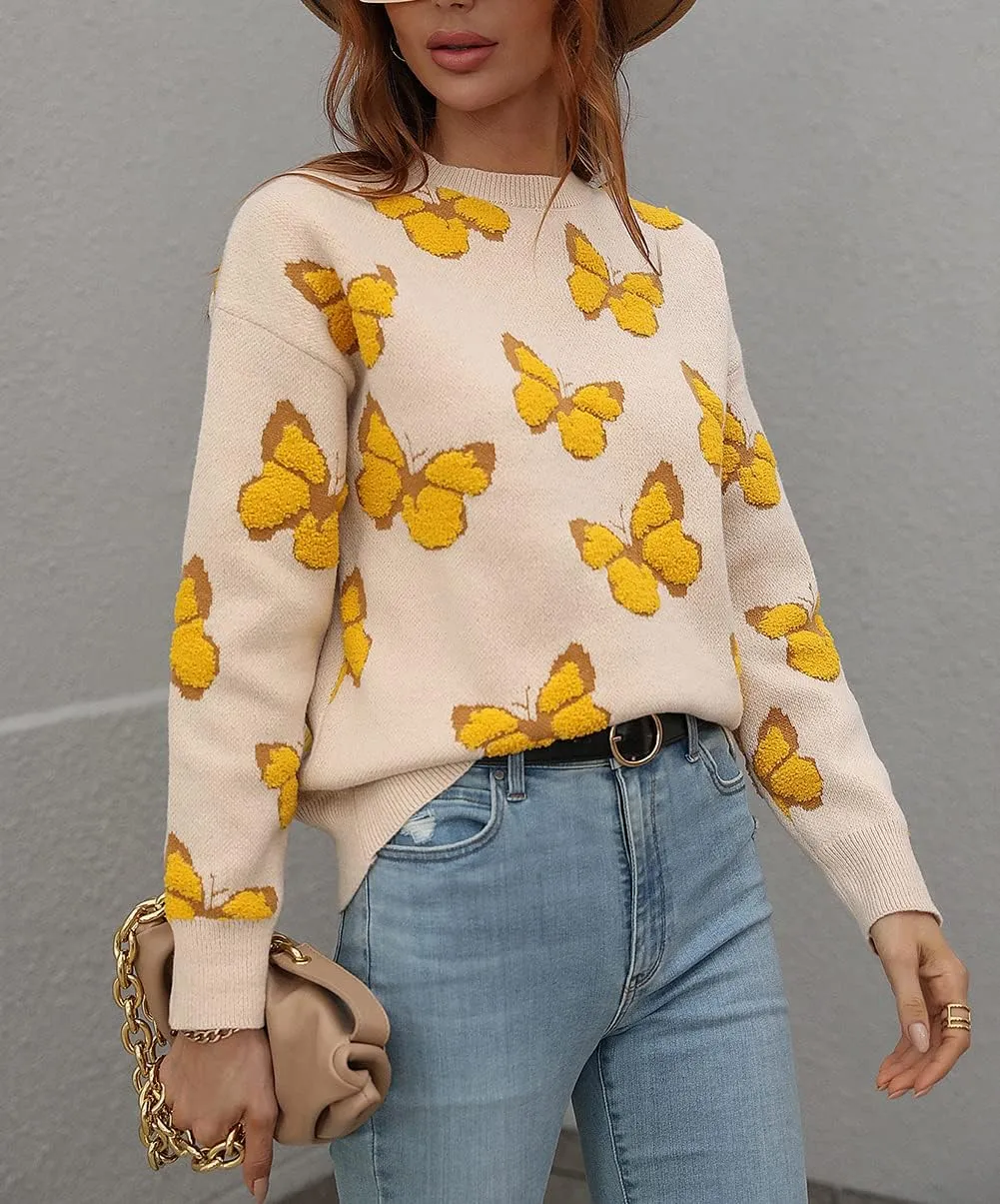 JUNBOON Women’s Casual Leopard Print Knitted Pullover Sweaters Long Sleeve Crew Neck Jumper Tops