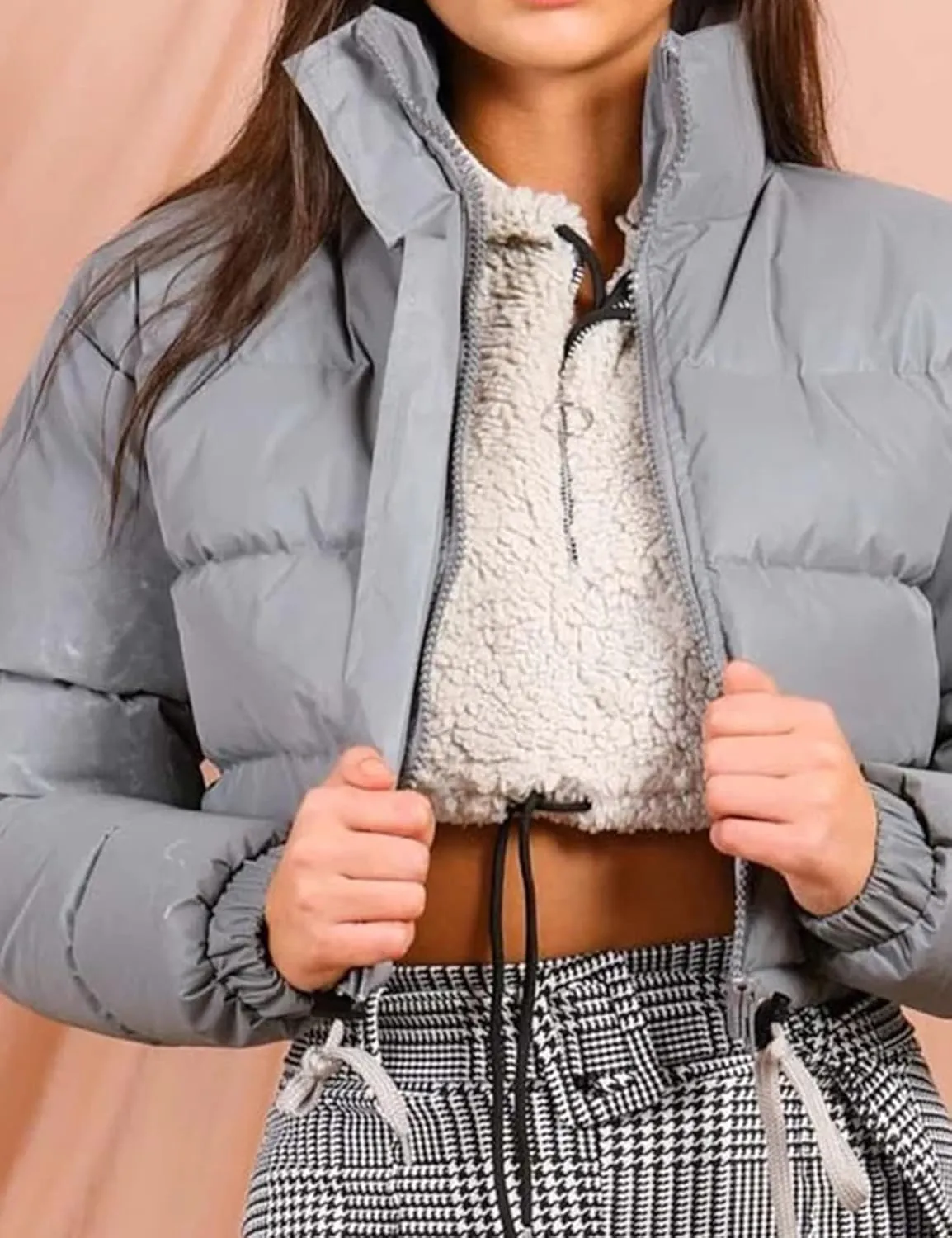 Kissonic Womens Cropped Puffer Jacket, Winter Puffer Jacket Packable Long Sleeve Zip Short Warm Down Coat with Drawstring