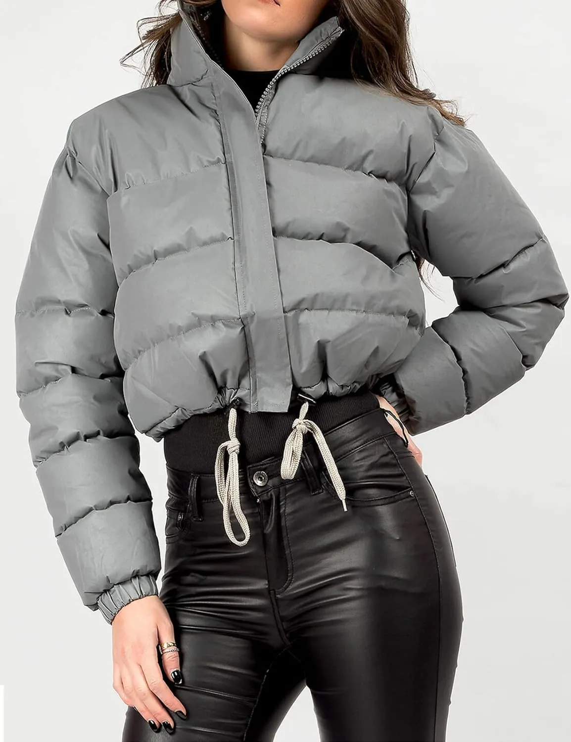 Kissonic Womens Cropped Puffer Jacket, Winter Puffer Jacket Packable Long Sleeve Zip Short Warm Down Coat with Drawstring