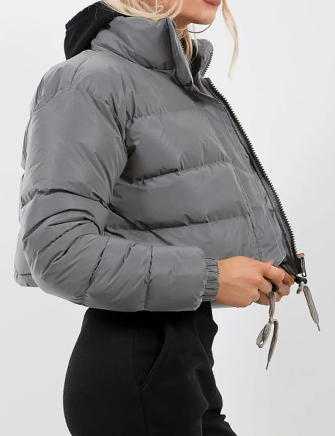 Kissonic Womens Cropped Puffer Jacket, Winter Puffer Jacket Packable Long Sleeve Zip Short Warm Down Coat with Drawstring