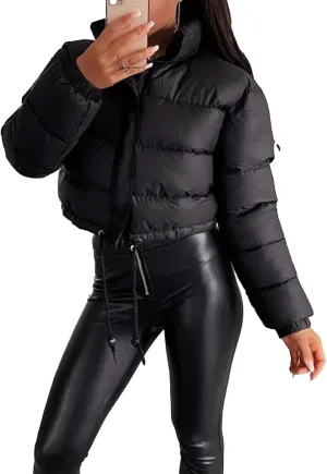 Kissonic Womens Cropped Puffer Jacket, Winter Puffer Jacket Packable Long Sleeve Zip Short Warm Down Coat with Drawstring