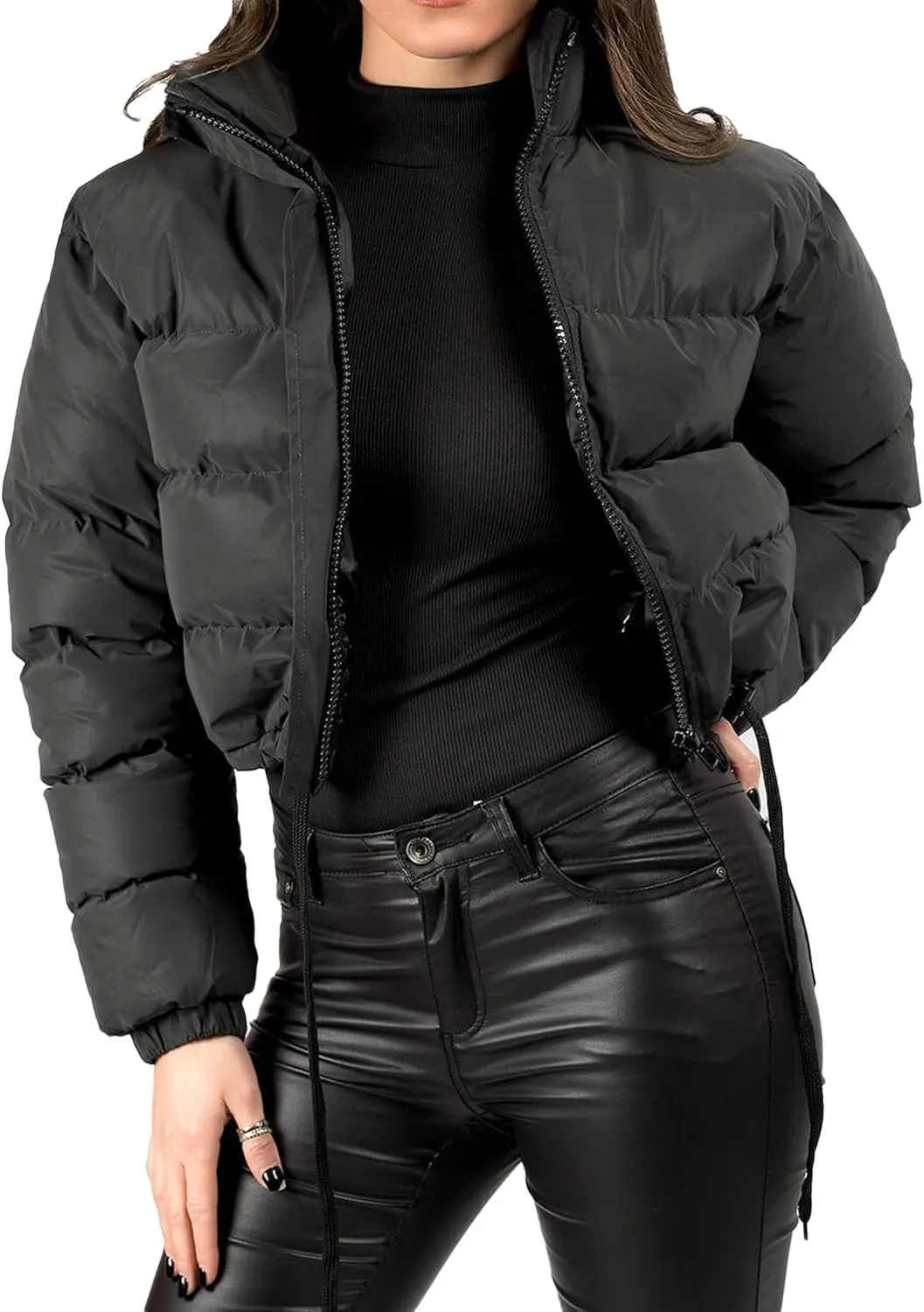 Kissonic Womens Cropped Puffer Jacket, Winter Puffer Jacket Packable Long Sleeve Zip Short Warm Down Coat with Drawstring