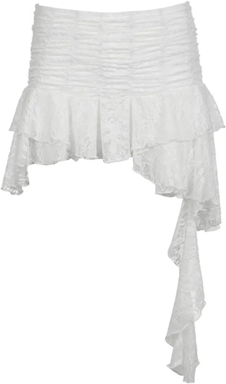 Lace Skirts for Women Irregular Side White Ruffle Skirt Y2K Pleated Mini Low Waisted Short Dress Casual Miniskirt