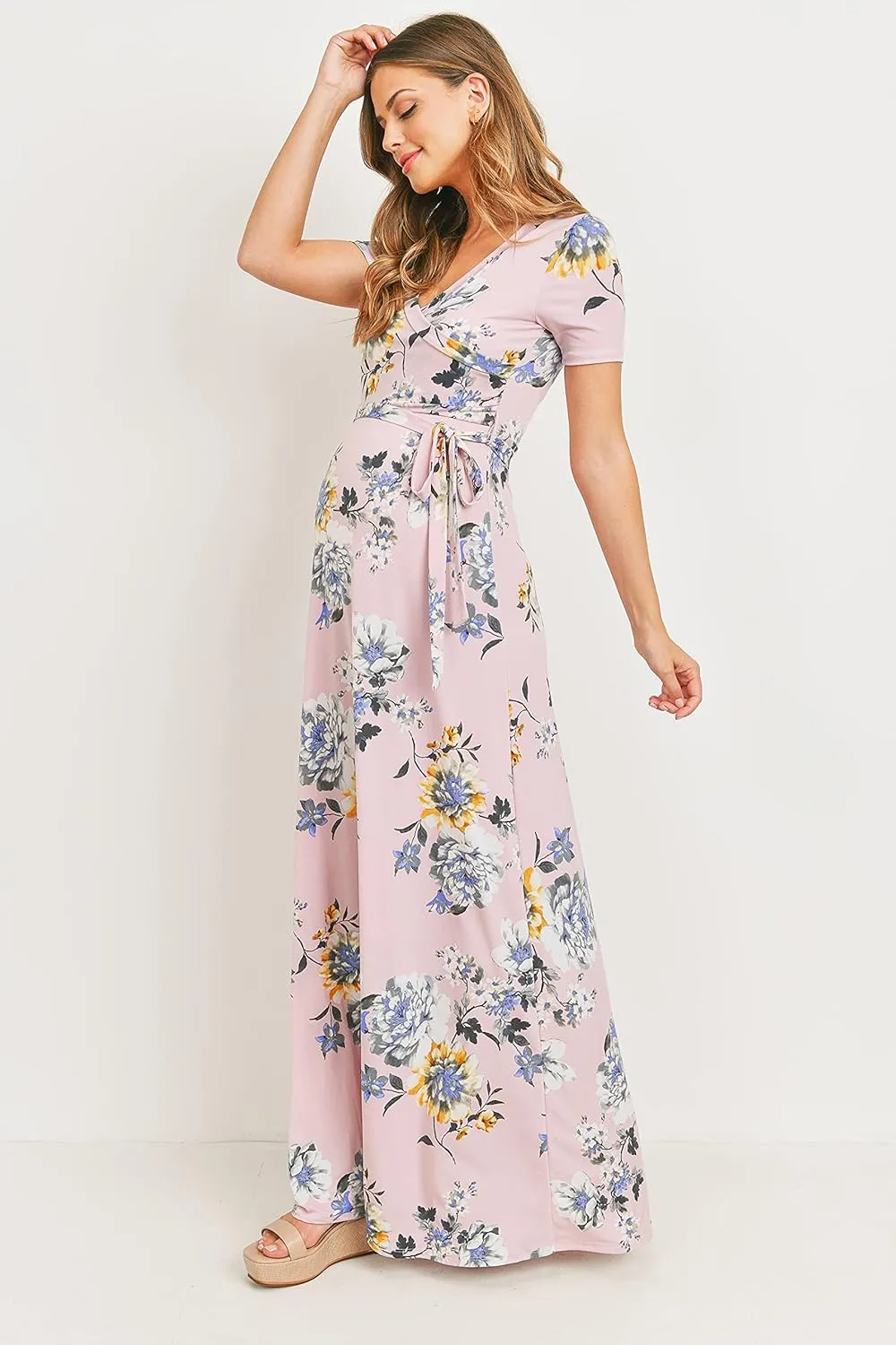 LaClef Women's Faux Wrap Maternity Maxi Dress with Adjustable Belt