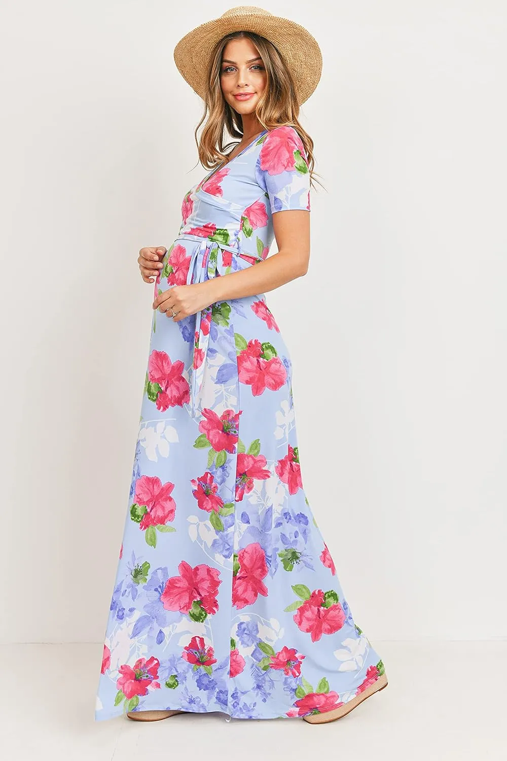 LaClef Women's Faux Wrap Maternity Maxi Dress with Adjustable Belt