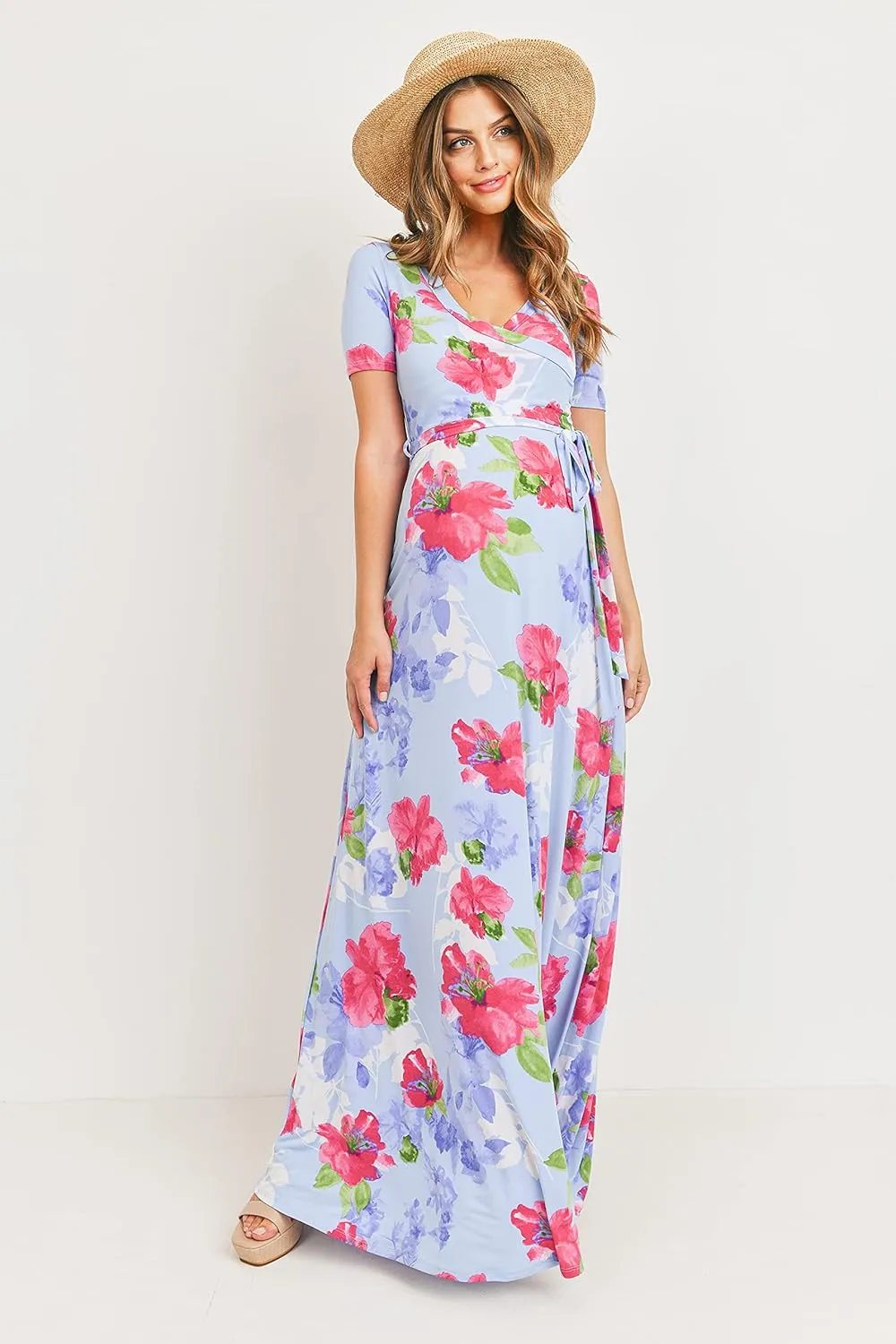 LaClef Women's Faux Wrap Maternity Maxi Dress with Adjustable Belt
