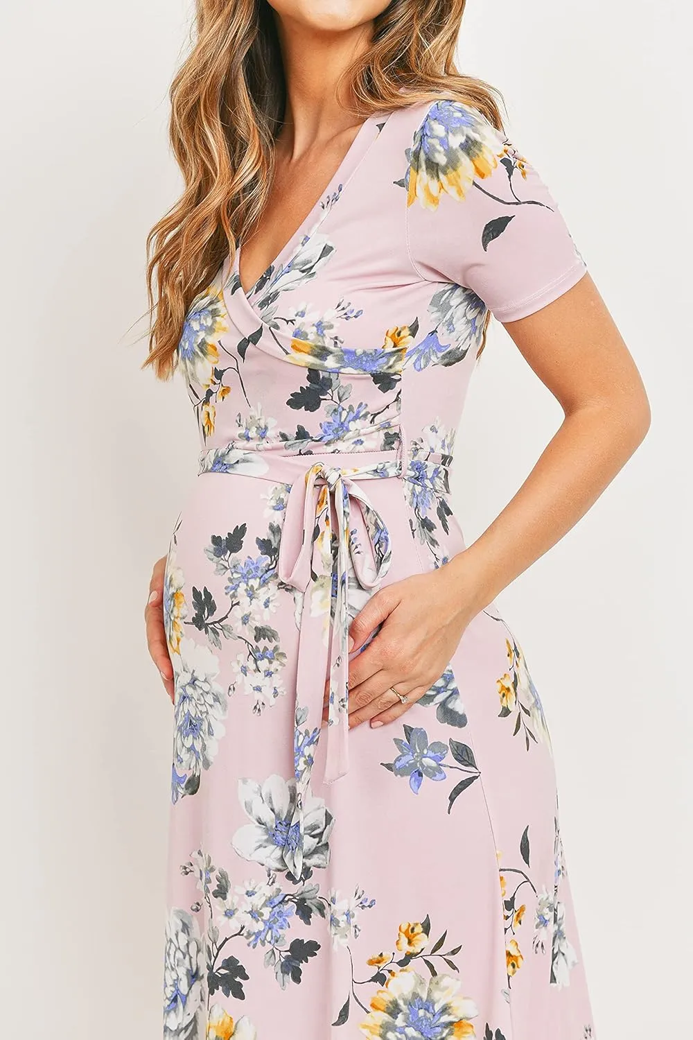 LaClef Women's Faux Wrap Maternity Maxi Dress with Adjustable Belt