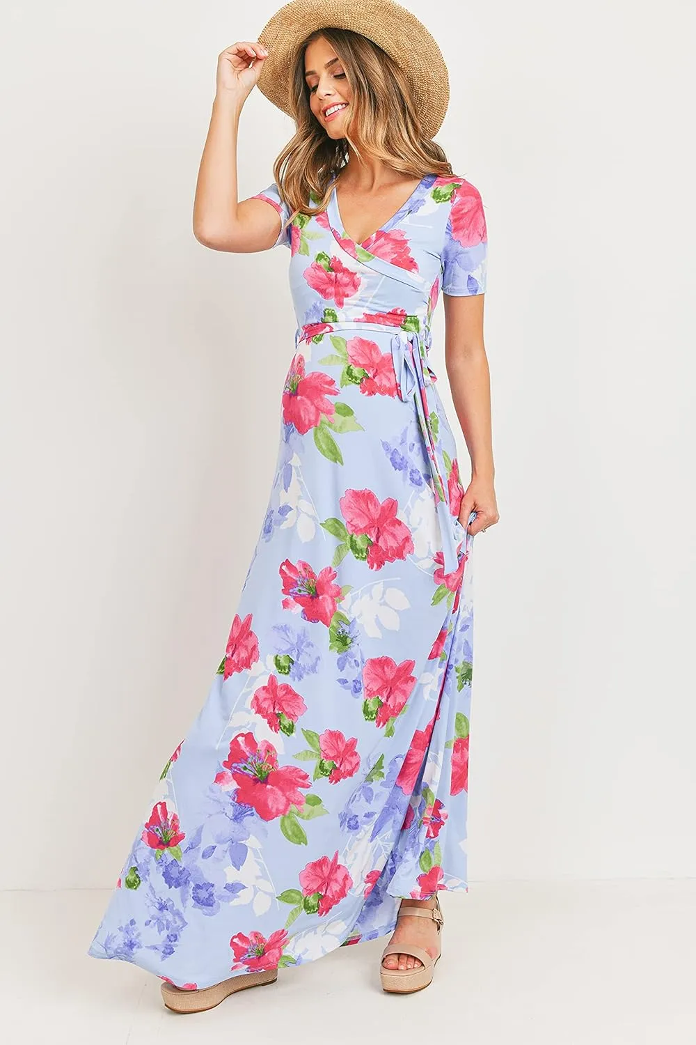 LaClef Women's Faux Wrap Maternity Maxi Dress with Adjustable Belt