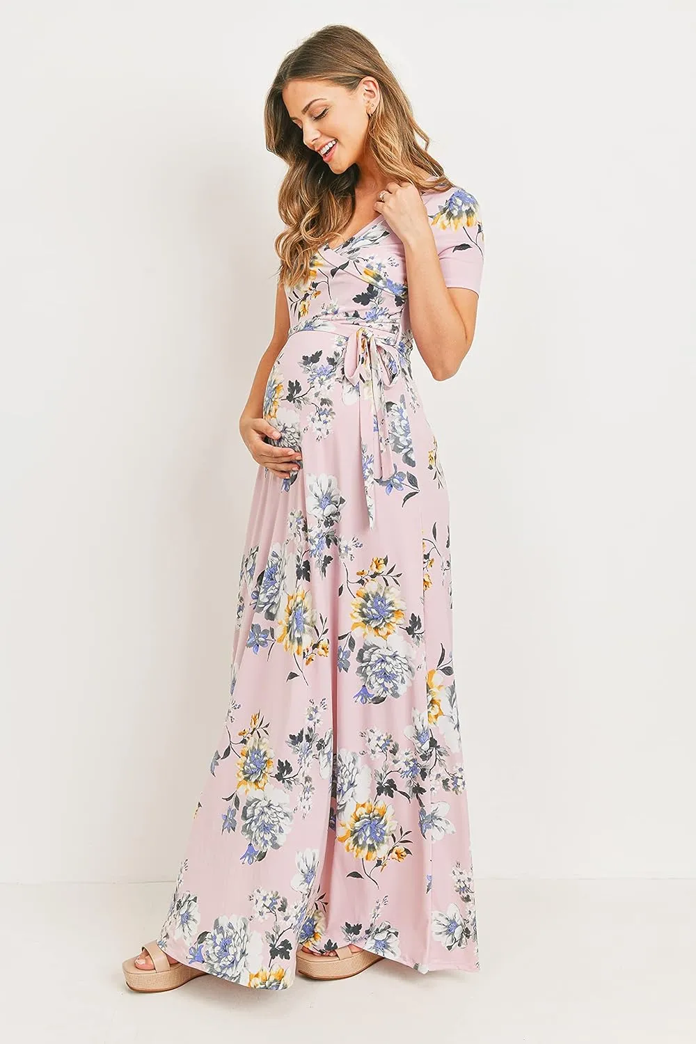 LaClef Women's Faux Wrap Maternity Maxi Dress with Adjustable Belt