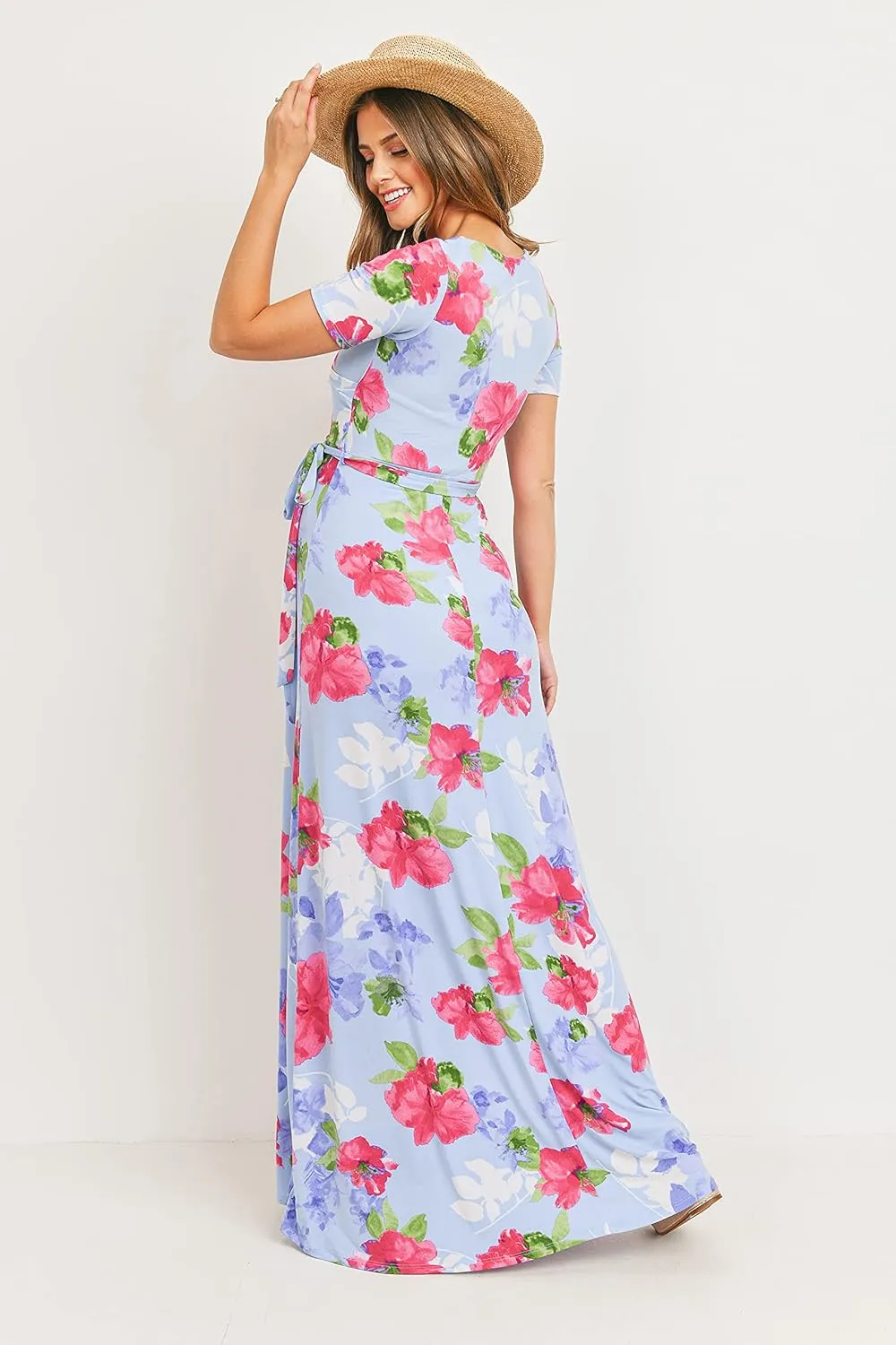 LaClef Women's Faux Wrap Maternity Maxi Dress with Adjustable Belt