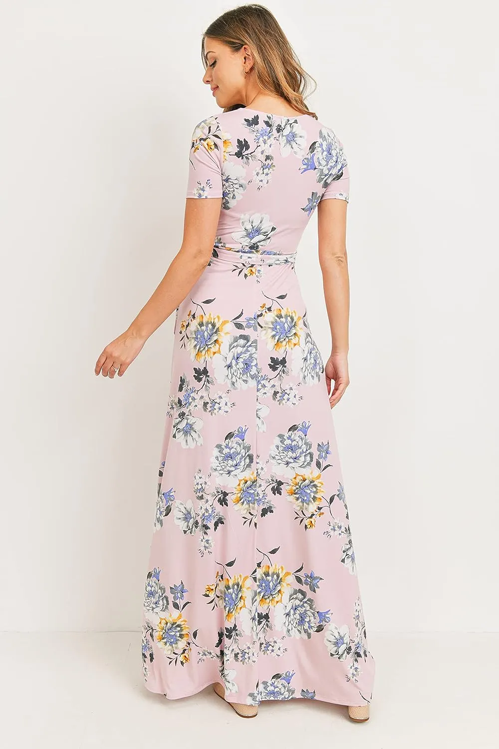 LaClef Women's Faux Wrap Maternity Maxi Dress with Adjustable Belt