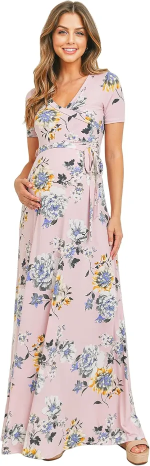 LaClef Women's Faux Wrap Maternity Maxi Dress with Adjustable Belt