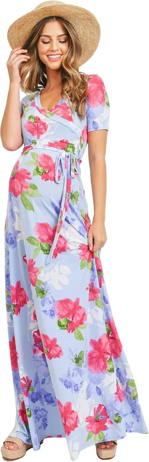 LaClef Women's Faux Wrap Maternity Maxi Dress with Adjustable Belt