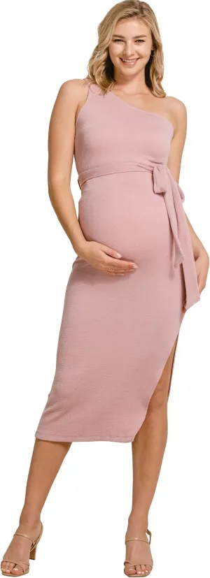 LaClef Womens One Shoulder Side Slit Tie Waist Maternity Dress