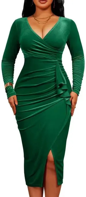 LAGSHIAN Women's Elegant Velvet Long Sleeve V Neck Bodycon Ruched Ruffle Split Cocktail Midi Dress