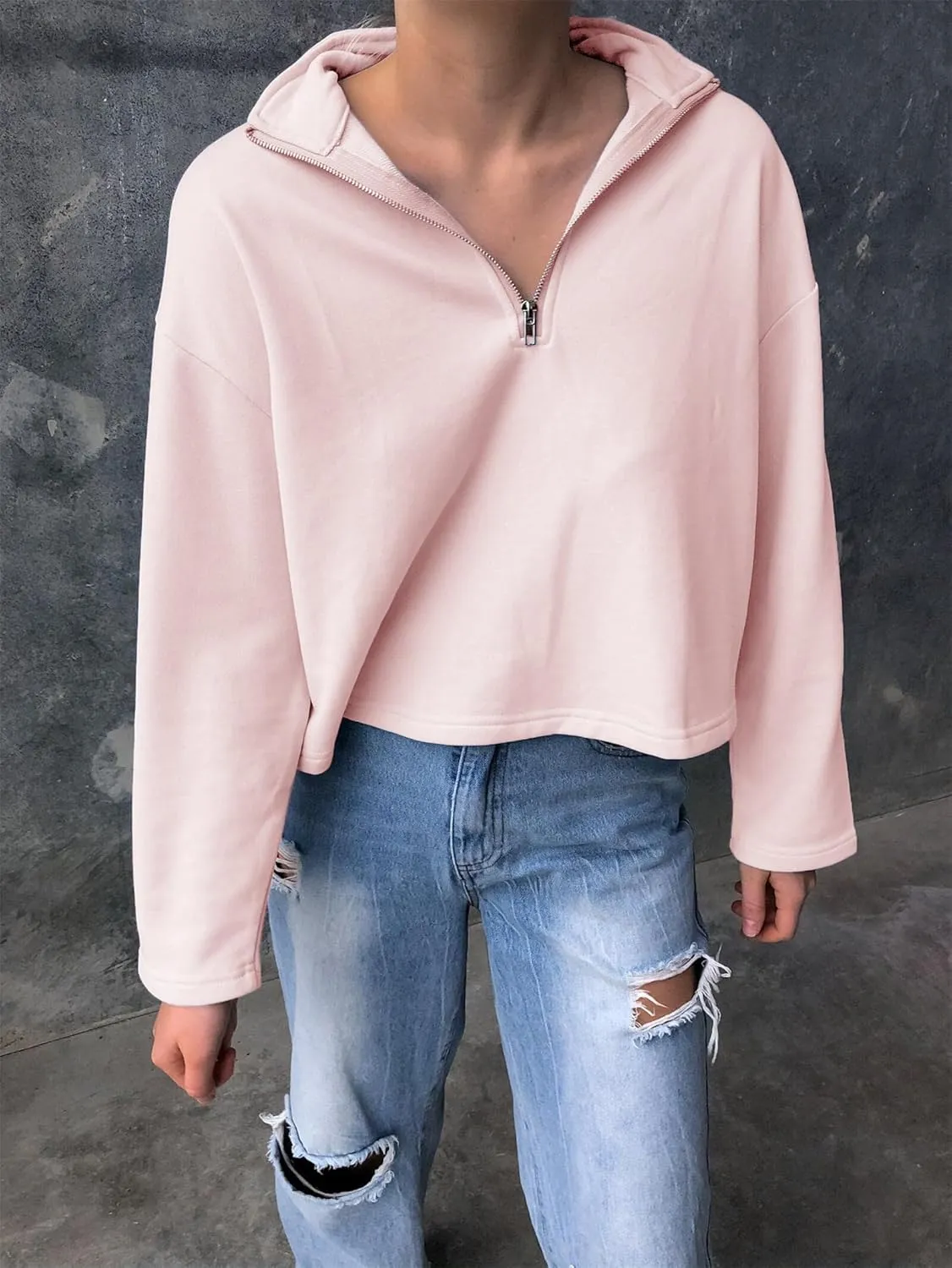 LAVASEON Womens Oversized Half Zip Lapel Sweatshirt Solid Color Casual Long Sleeve Cropped Pullover Top