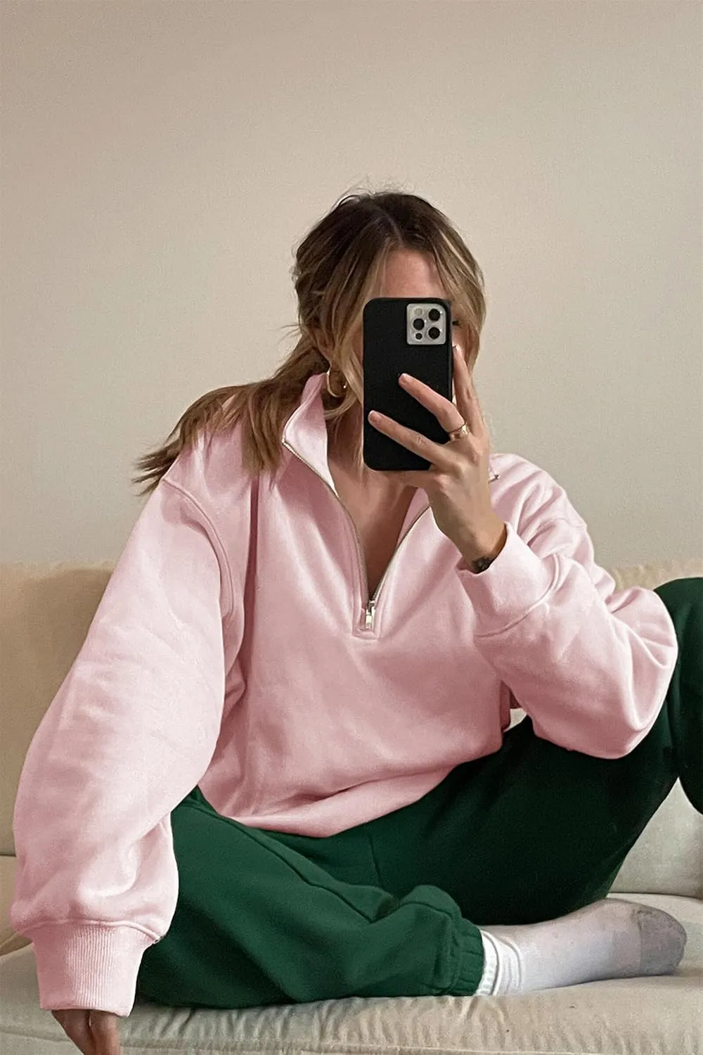 LAVASEON Womens Oversized Half Zip Lapel Sweatshirt Solid Color Casual Long Sleeve Cropped Pullover Top