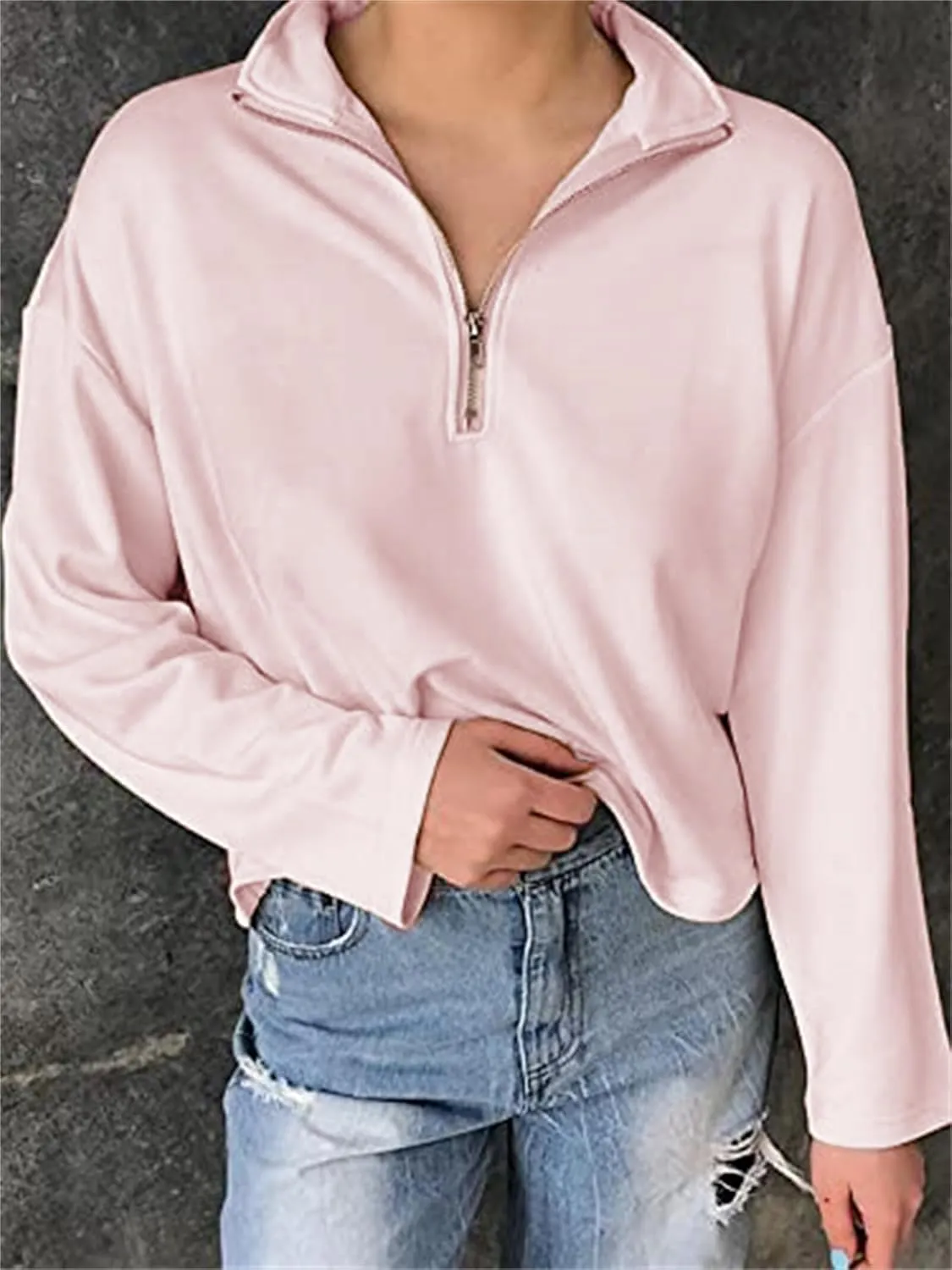 LAVASEON Womens Oversized Half Zip Lapel Sweatshirt Solid Color Casual Long Sleeve Cropped Pullover Top