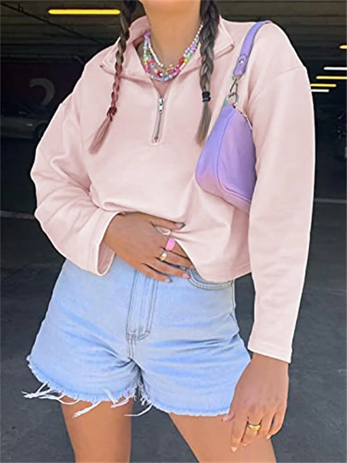 LAVASEON Womens Oversized Half Zip Lapel Sweatshirt Solid Color Casual Long Sleeve Cropped Pullover Top
