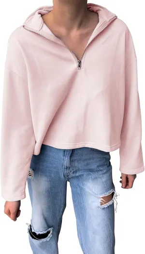 LAVASEON Womens Oversized Half Zip Lapel Sweatshirt Solid Color Casual Long Sleeve Cropped Pullover Top