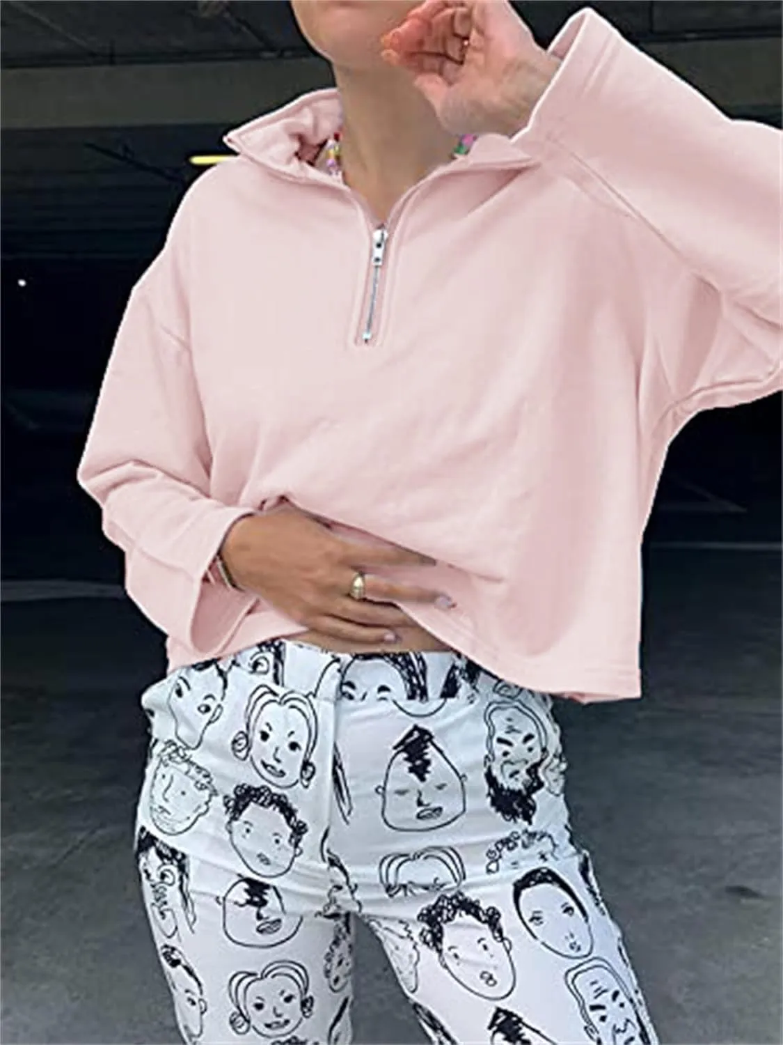 LAVASEON Womens Oversized Half Zip Lapel Sweatshirt Solid Color Casual Long Sleeve Cropped Pullover Top
