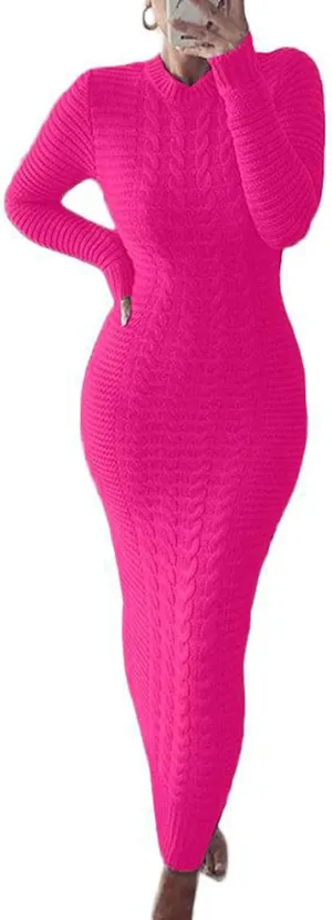 LETSVDO Sweater Dress for Women Maxi Bodycon Cable Knit Long Sleeve Crewneck Ribbed Pencil Pullover Dresses Winter