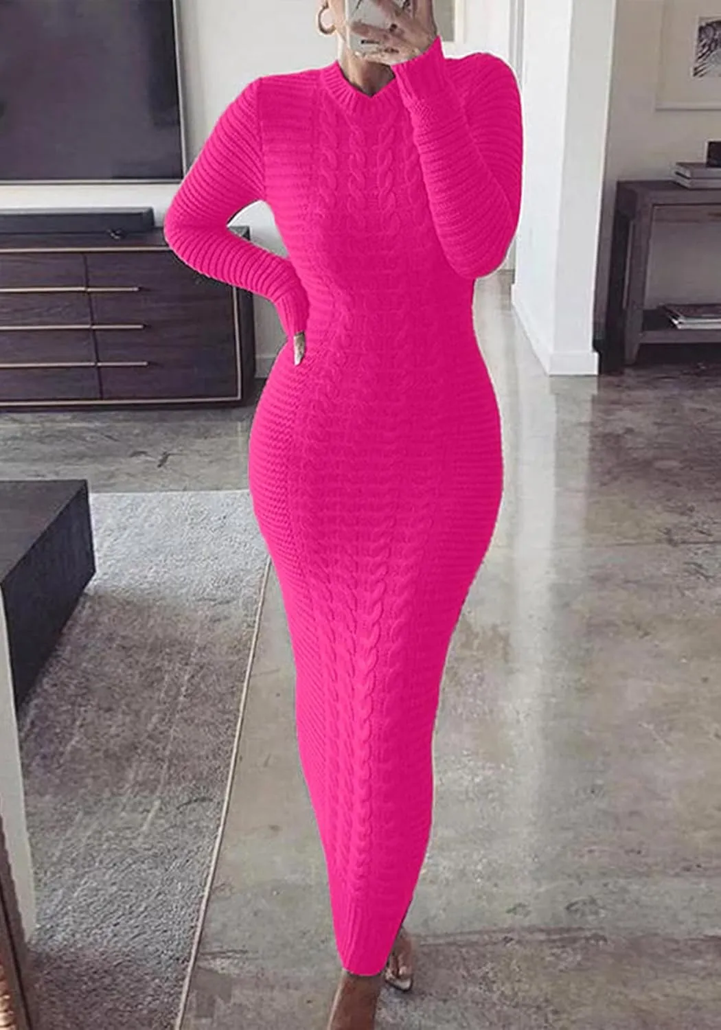 LETSVDO Sweater Dress for Women Maxi Bodycon Cable Knit Long Sleeve Crewneck Ribbed Pencil Pullover Dresses Winter