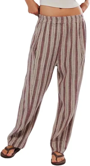LifeShe Striped Pants for Women Elastic Low Waist Straight Leg Pant Baggy Beach Harem Trousers