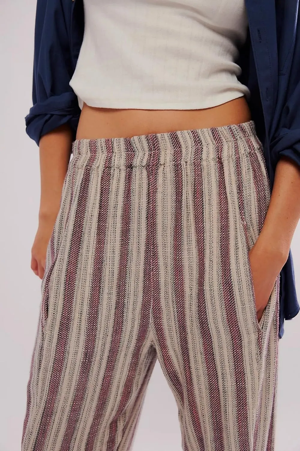 LifeShe Striped Pants for Women Elastic Low Waist Straight Leg Pant Baggy Beach Harem Trousers