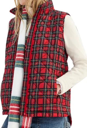 LifeShe Women's Christmas Plaid Quilted Vest Stand Collar Zip Up Puffer Vest Sleeveless Jacket Coats with Pocket