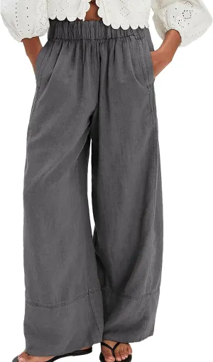 Linen Pants for Women Cotton Baggy Boho Casual Palazzo Pants Wide Leg Long Lounge Trousers with Pockets