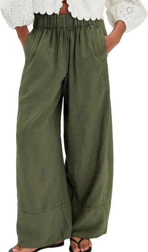 Linen Pants for Women Cotton Baggy Boho Casual Palazzo Pants Wide Leg Long Lounge Trousers with Pockets