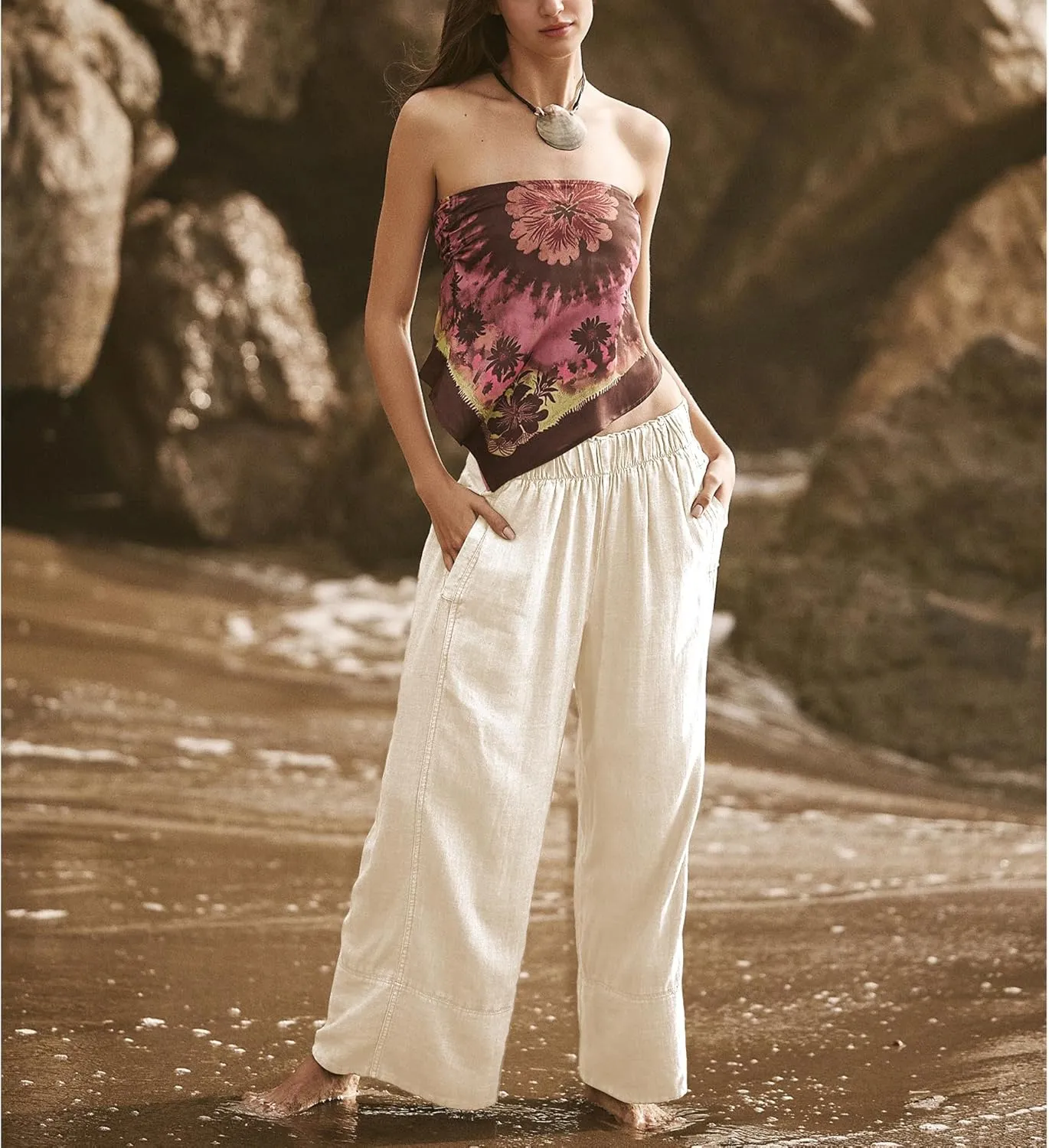Linen Pants for Women Cotton Baggy Boho Casual Palazzo Pants Wide Leg Long Lounge Trousers with Pockets