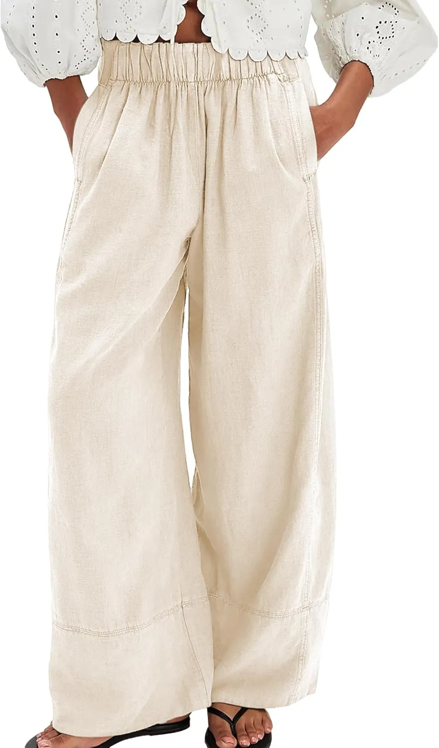 Linen Pants for Women Cotton Baggy Boho Casual Palazzo Pants Wide Leg Long Lounge Trousers with Pockets