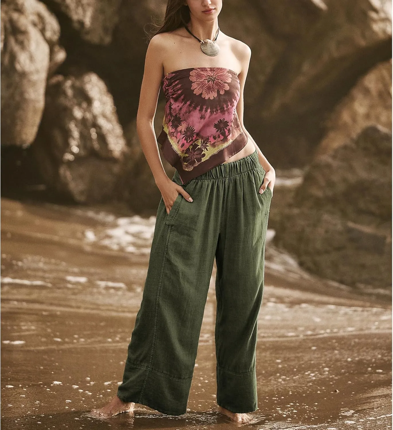 Linen Pants for Women Cotton Baggy Boho Casual Palazzo Pants Wide Leg Long Lounge Trousers with Pockets