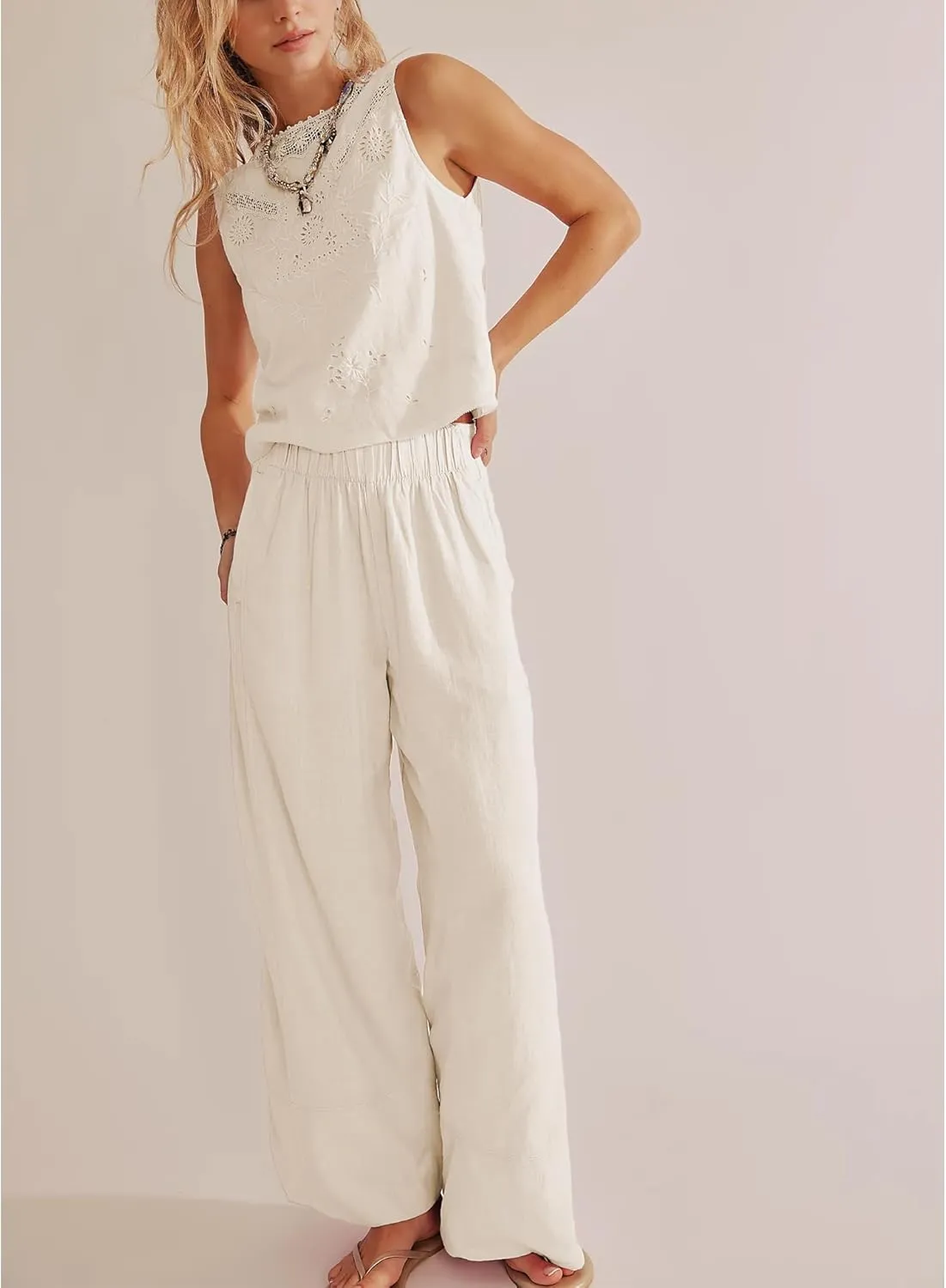 Linen Pants for Women Cotton Baggy Boho Casual Palazzo Pants Wide Leg Long Lounge Trousers with Pockets