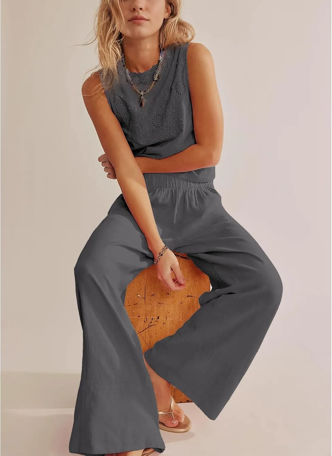 Linen Pants for Women Cotton Baggy Boho Casual Palazzo Pants Wide Leg Long Lounge Trousers with Pockets