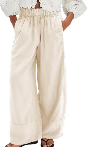 Linen Pants for Women Cotton Baggy Boho Casual Palazzo Pants Wide Leg Long Lounge Trousers with Pockets
