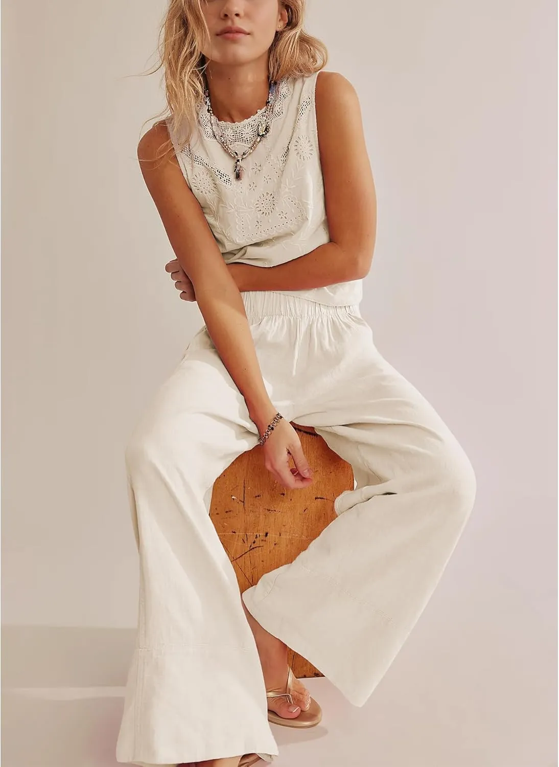 Linen Pants for Women Cotton Baggy Boho Casual Palazzo Pants Wide Leg Long Lounge Trousers with Pockets