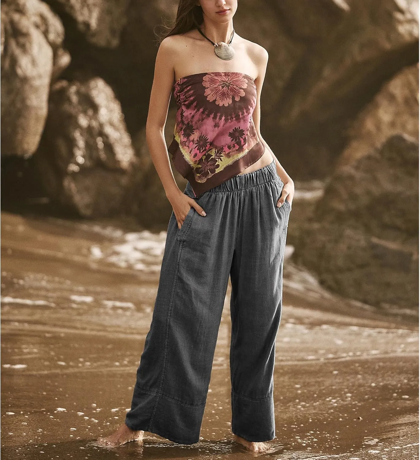 Linen Pants for Women Cotton Baggy Boho Casual Palazzo Pants Wide Leg Long Lounge Trousers with Pockets