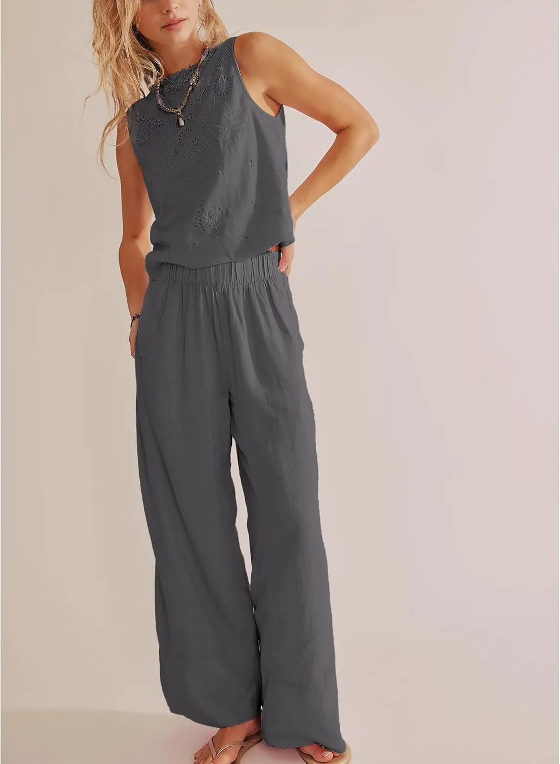 Linen Pants for Women Cotton Baggy Boho Casual Palazzo Pants Wide Leg Long Lounge Trousers with Pockets