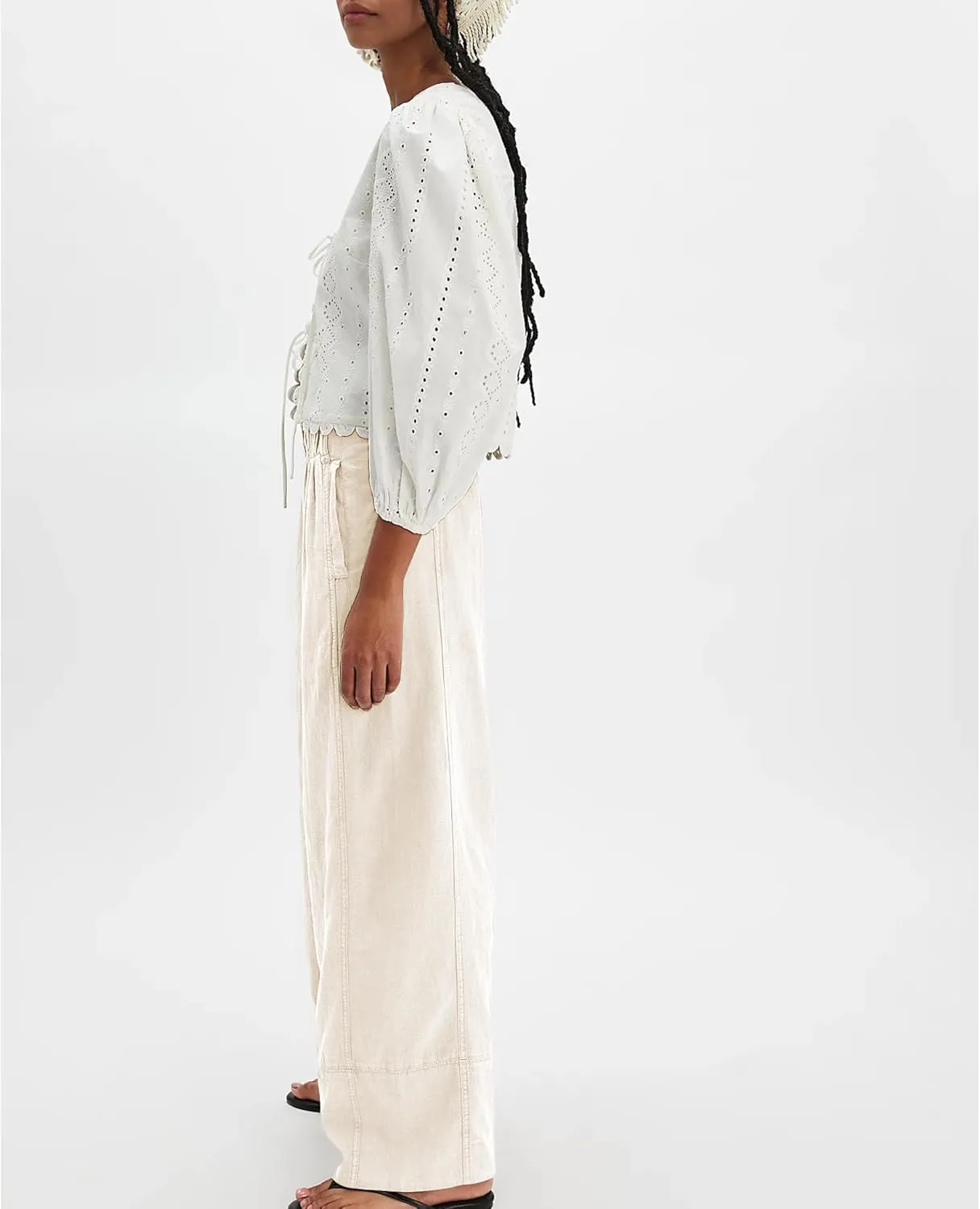 Linen Pants for Women Cotton Baggy Boho Casual Palazzo Pants Wide Leg Long Lounge Trousers with Pockets