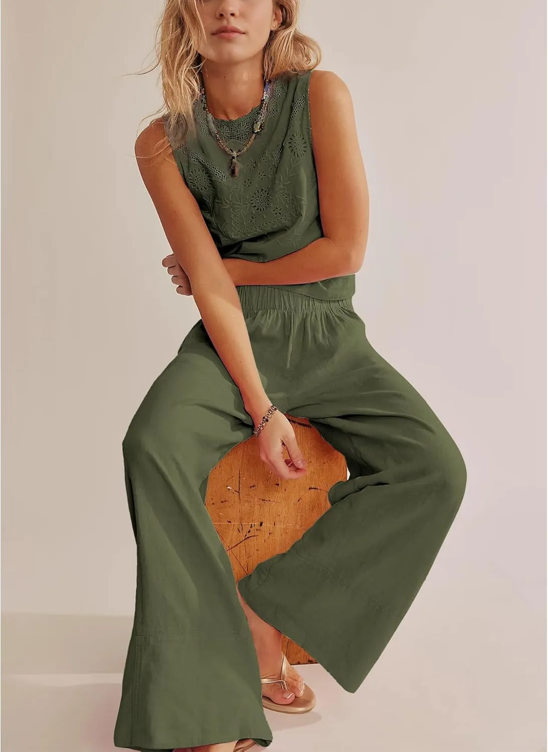 Linen Pants for Women Cotton Baggy Boho Casual Palazzo Pants Wide Leg Long Lounge Trousers with Pockets