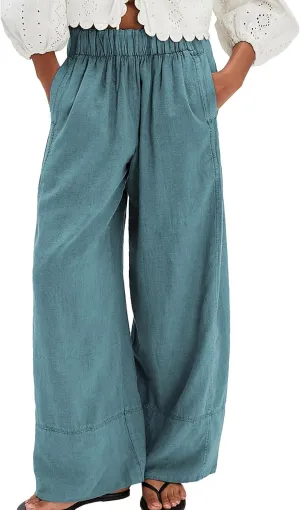 Linen Pants for Women Cotton Baggy Boho Casual Palazzo Pants Wide Leg Long Lounge Trousers with Pockets(Blue,XL)