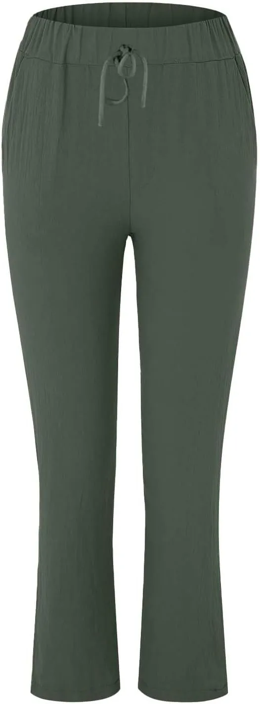 Linen Pants Women 2025 Straight Wide Leg Elastic Waisted Pants Casual Summer Lounge Beach Trousers with Pockets