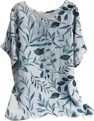 Linen Shirts for Women Summer 2025 Plus Size Crewneck Short Sleeve Blouses Loose Casual Fashion Printed Boho Tops