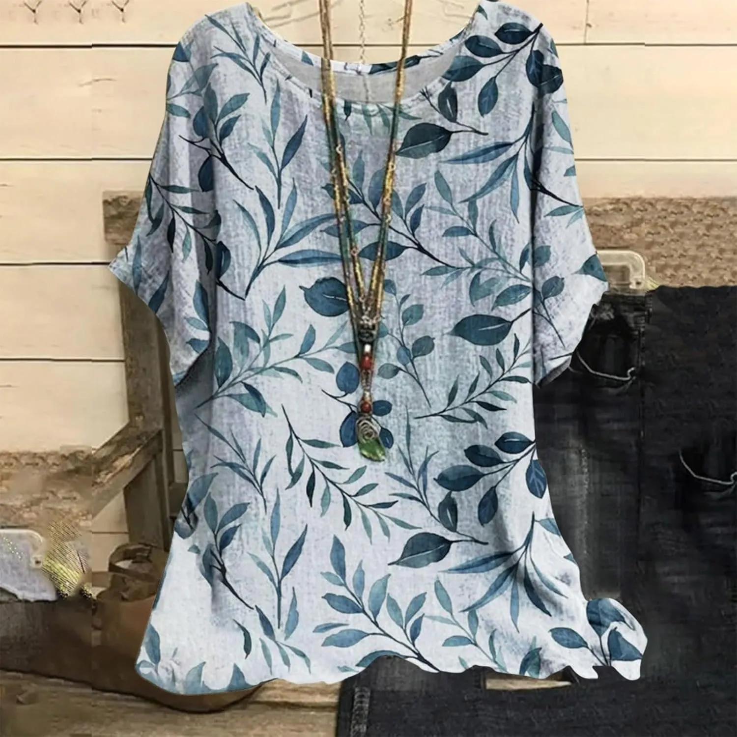 Linen Shirts for Women Summer 2025 Plus Size Crewneck Short Sleeve Blouses Loose Casual Fashion Printed Boho Tops