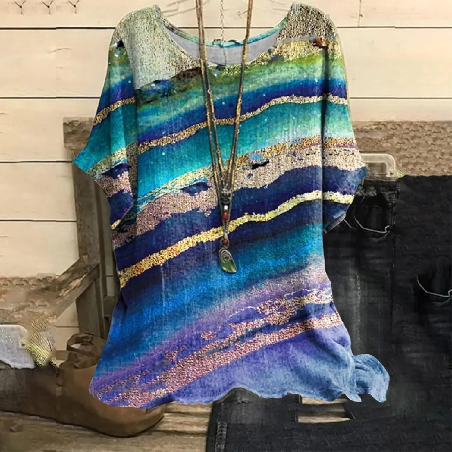 Linen Shirts for Women Summer 2025 Plus Size Crewneck Short Sleeve Blouses Loose Casual Fashion Printed Boho Tops