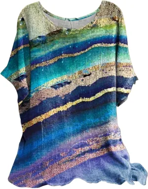 Linen Shirts for Women Summer 2025 Plus Size Crewneck Short Sleeve Blouses Loose Casual Fashion Printed Boho Tops