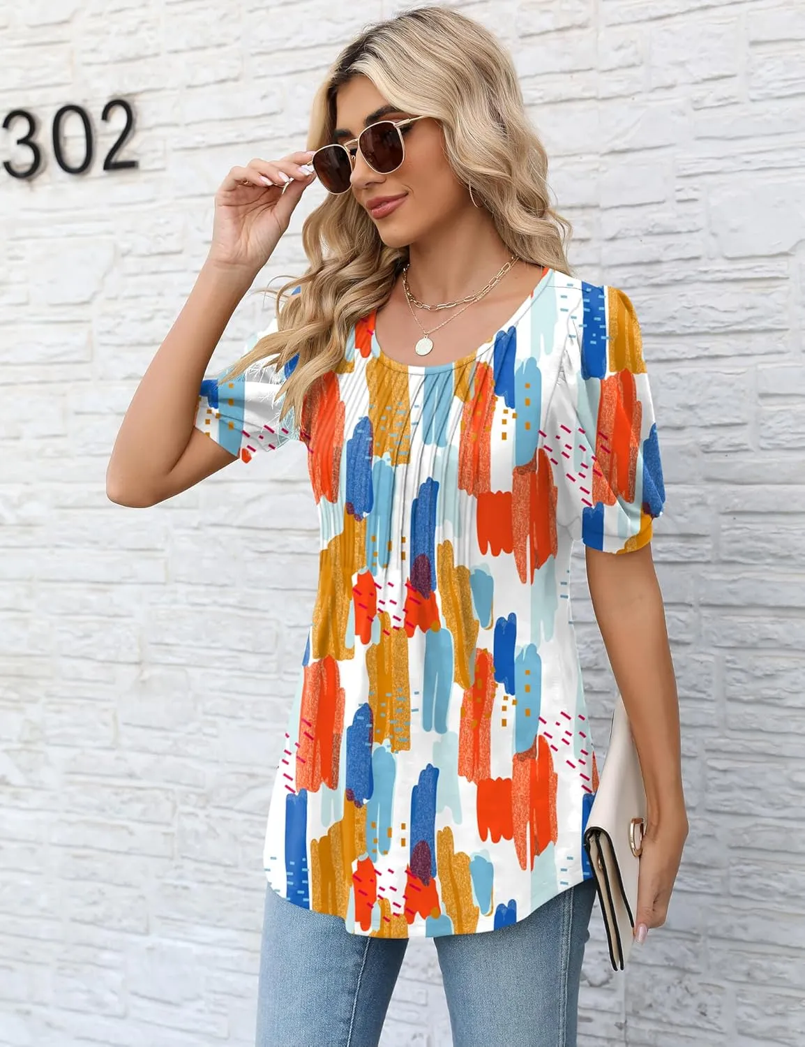 LOMON Women's Fall Puff Long/Short Sleeve Tunic Tops Pleated Crew Neck Shirts Blouses Casual Loose T-Shirts